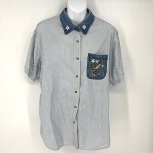 Vintage Cabin Creek Embroidered Pinstripe Denim Button Up Blouse Size Large